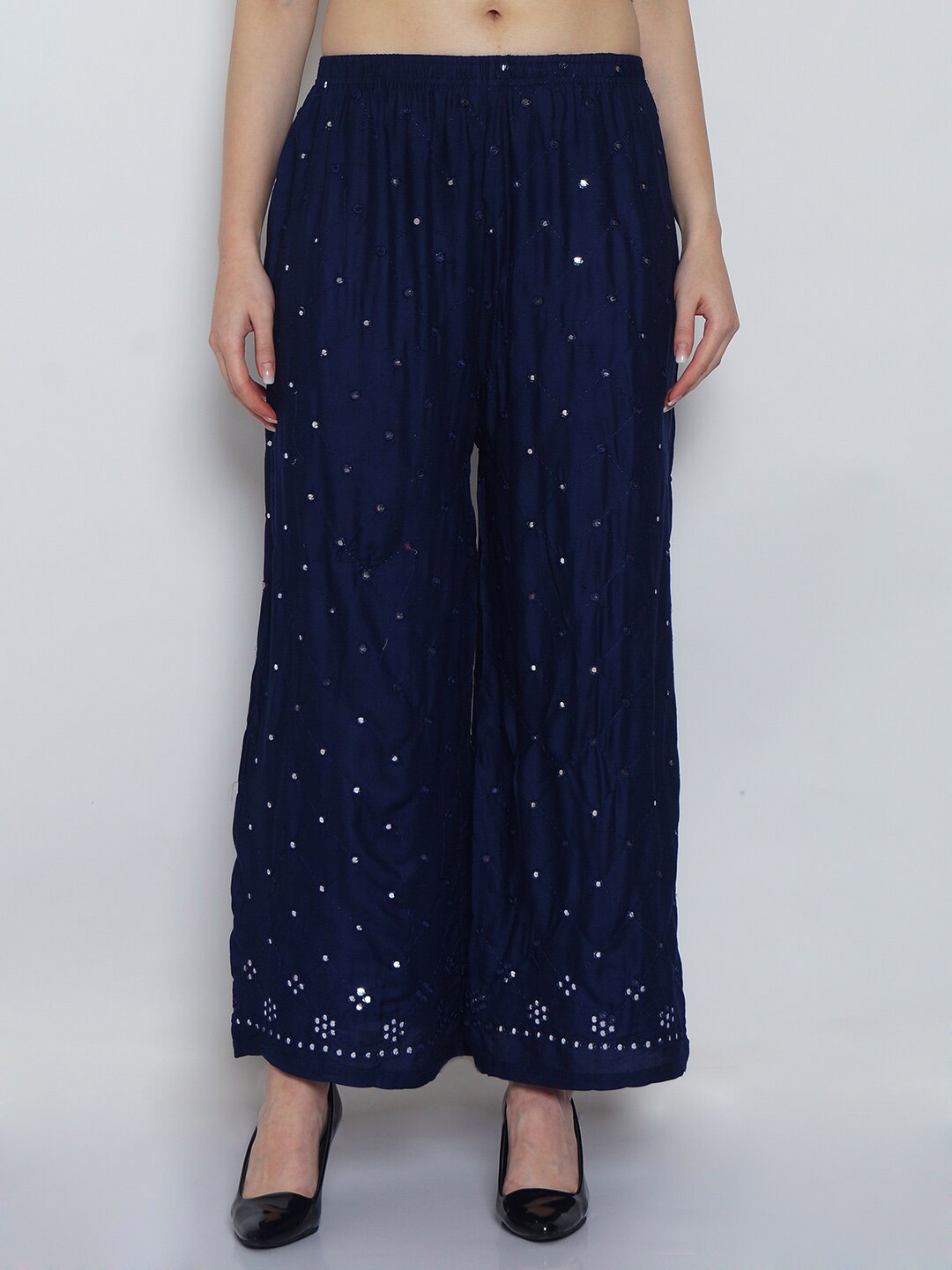 

GRACIT Women Floral Embroidered Wide Leg Knitted Palazzos, Navy blue
