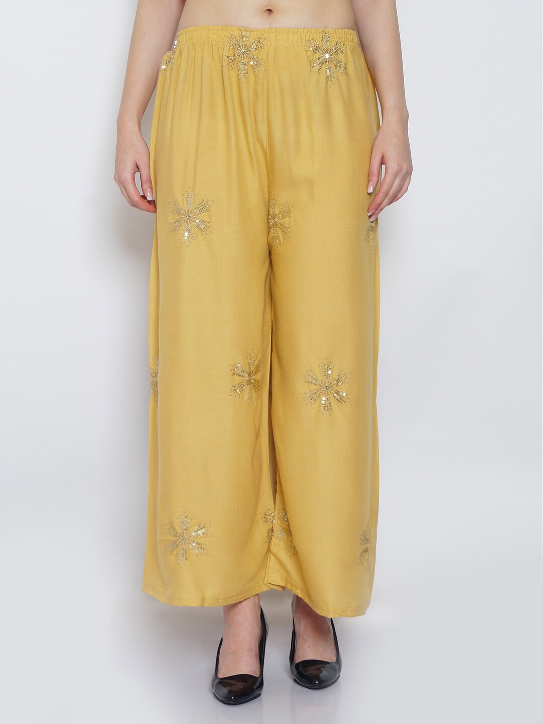 

GRACIT Floral Embroidered Flared Fit Palazzo, Beige