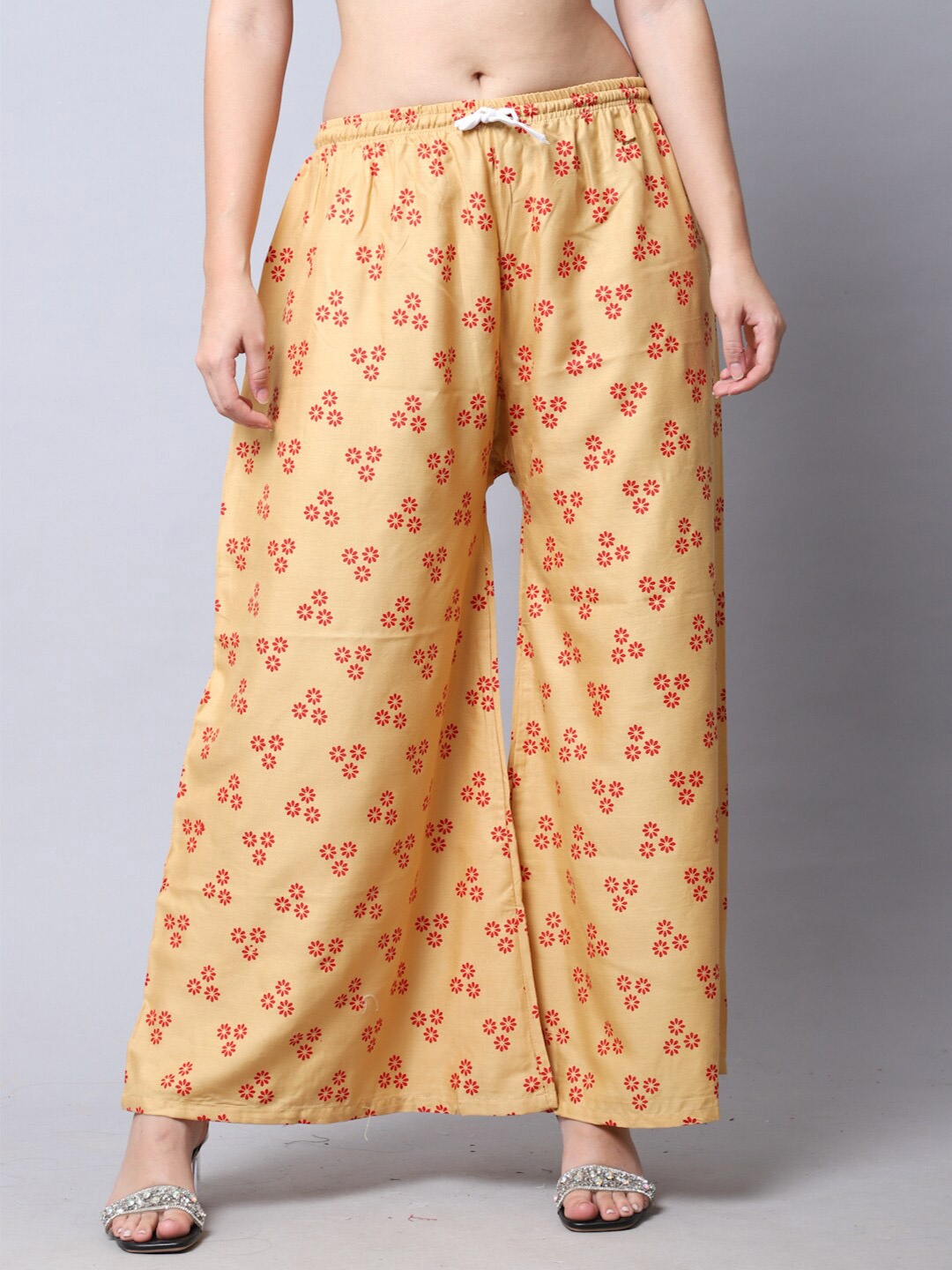 

GRACIT Women Floral Printed Wide Leg Knitted Palazzos, Beige