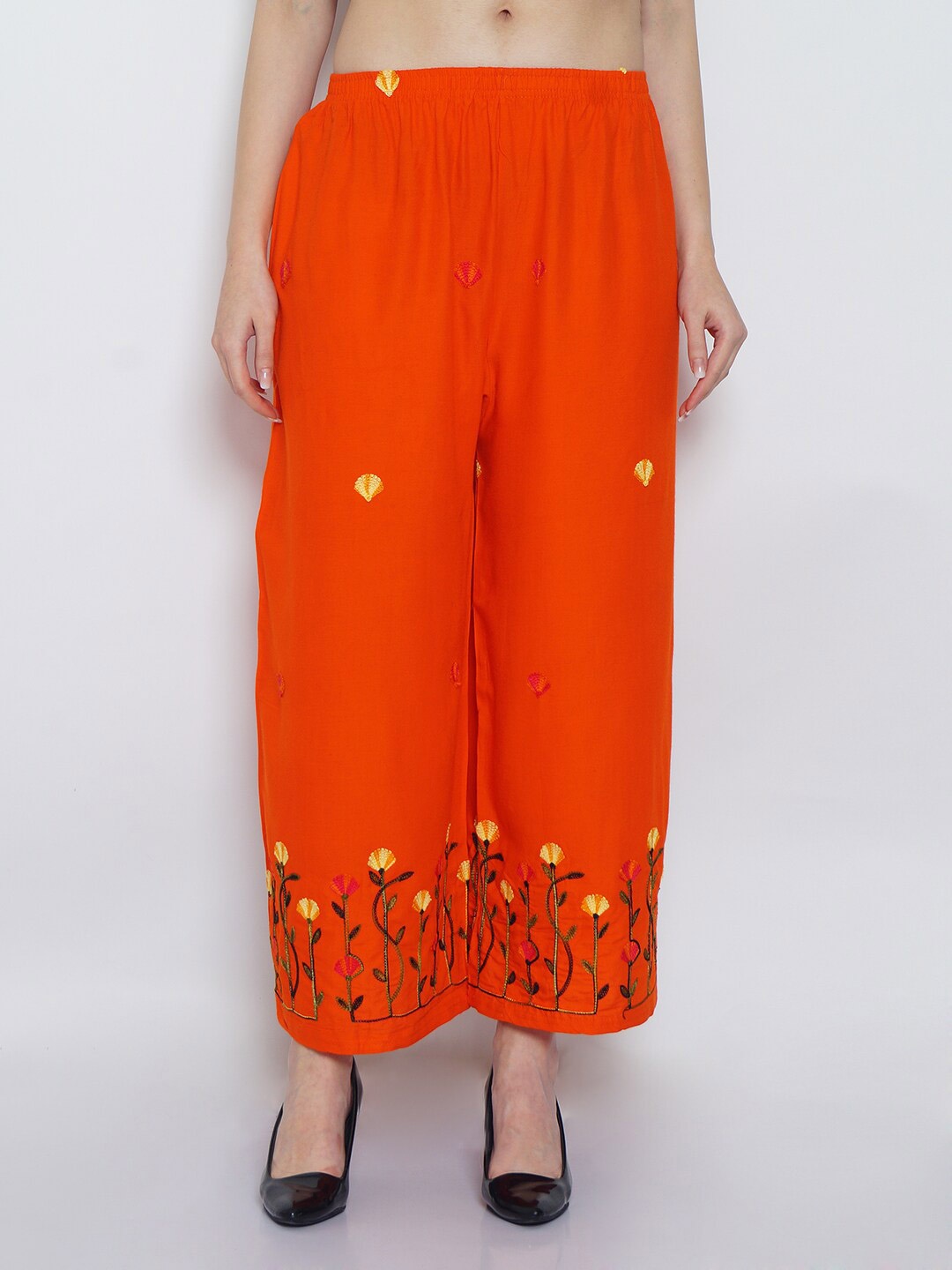 

GRACIT Women Floral Embroidered Wide Leg Knitted Palazzos, Orange