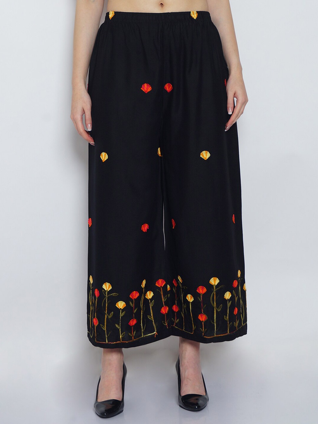

GRACIT Women Floral Embroidered Wide Leg Knitted Palazzos, Black