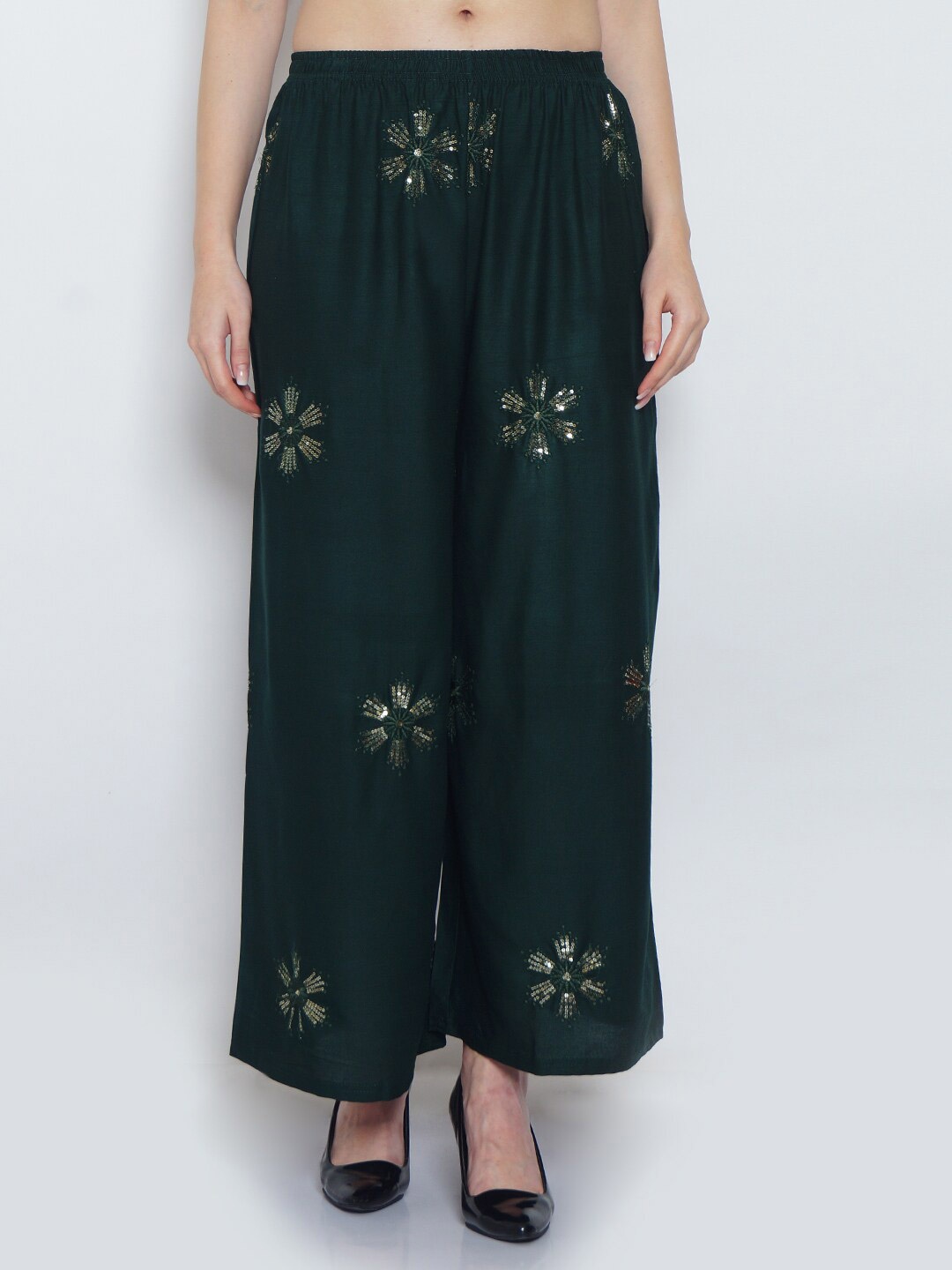 

GRACIT Women Floral Embroidered Wide Leg Knitted Palazzos, Green