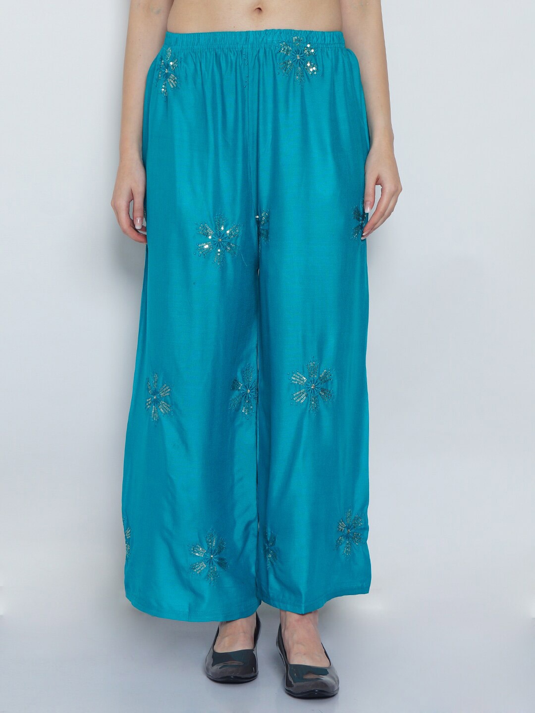 

GRACIT Floral Embroidered Wide Leg Fit Palazzo, Turquoise blue