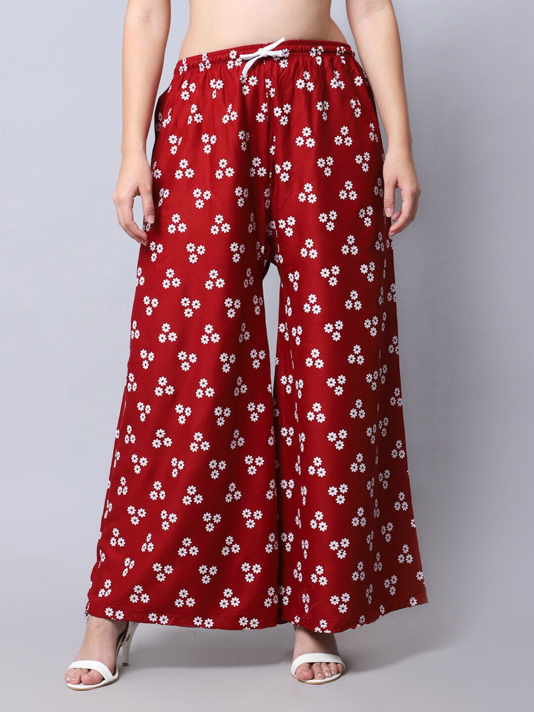 

GRACIT Women Floral Printed Flared Knitted Palazzos, Maroon