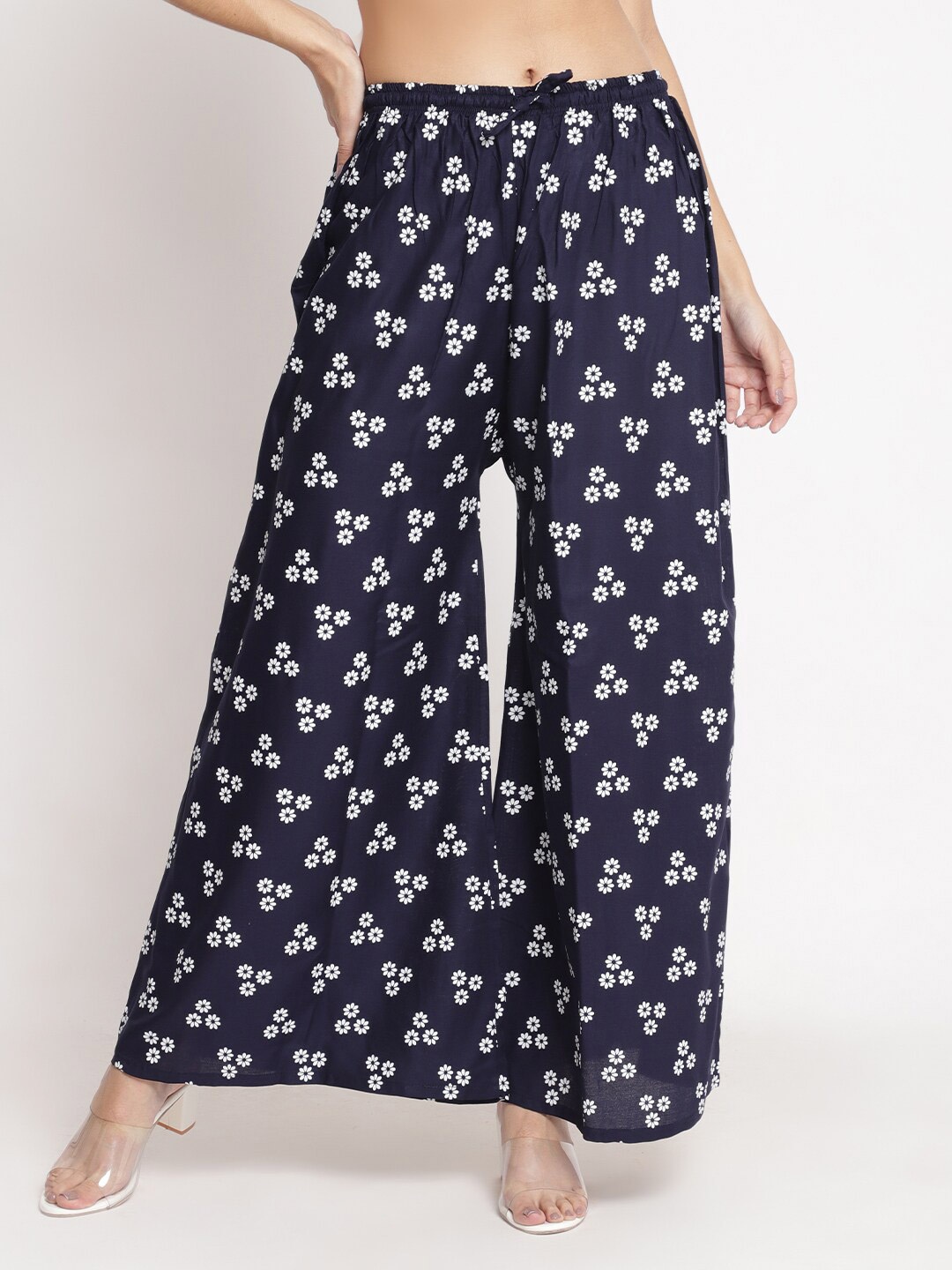 

GRACIT Women Floral Printed Flared Knitted Palazzos, Blue