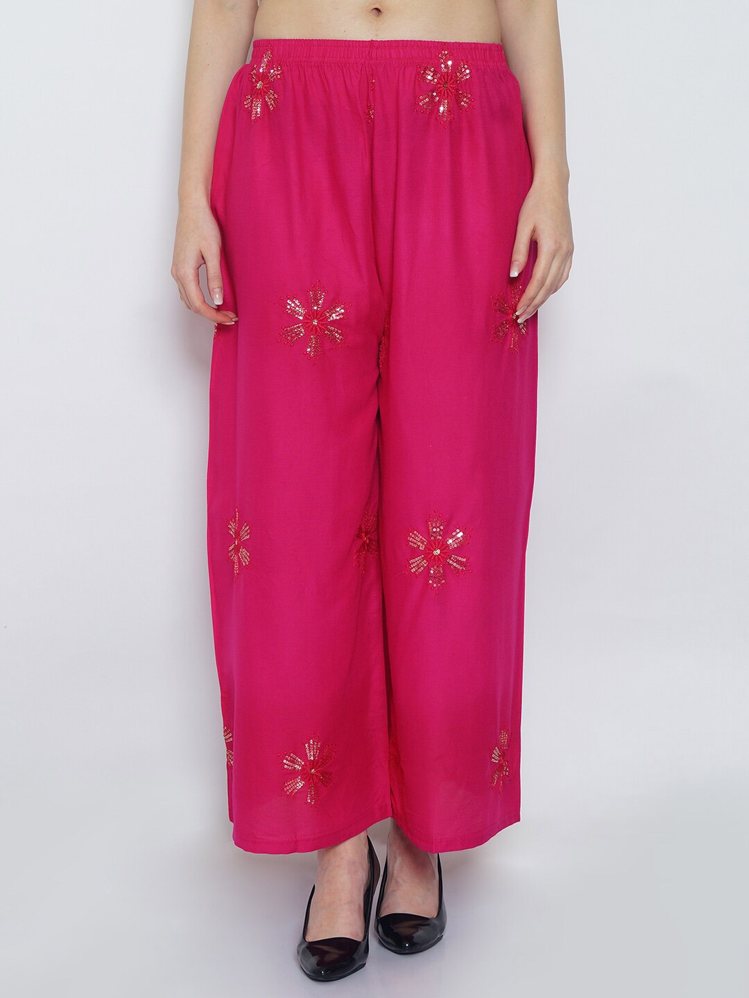 

GRACIT Floral Embroidered Wide Leg Fit Palazzo, Pink