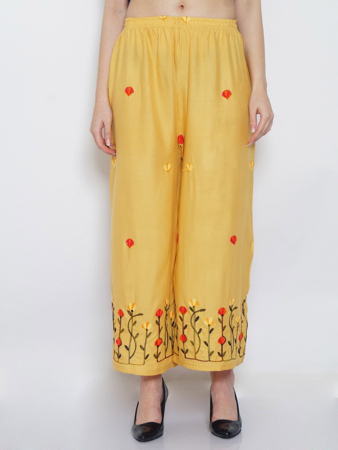 

GRACIT Floral Embroidered Wide Leg Fit Palazzo, Beige