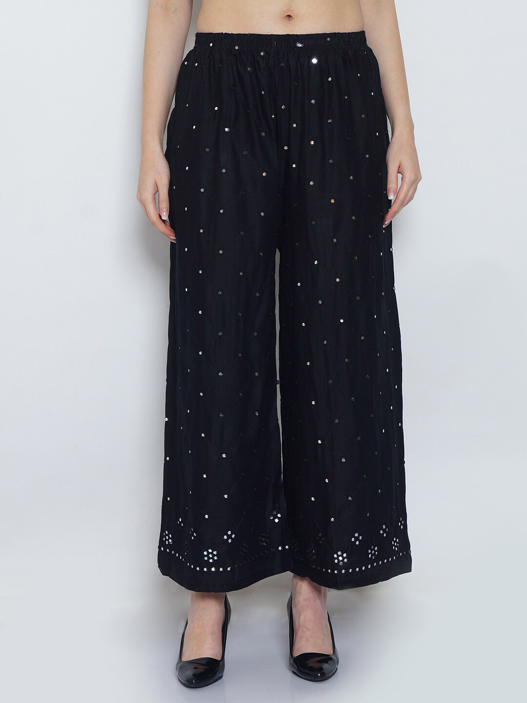 

GRACIT Women Floral Embroidered Wide Leg Knitted Palazzos, Black