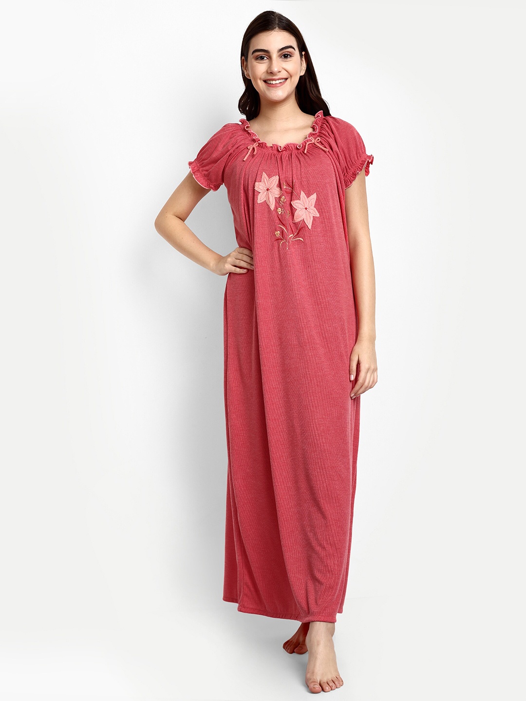 

AVYAY Floral Embroidered Maxi Nightdress, Red