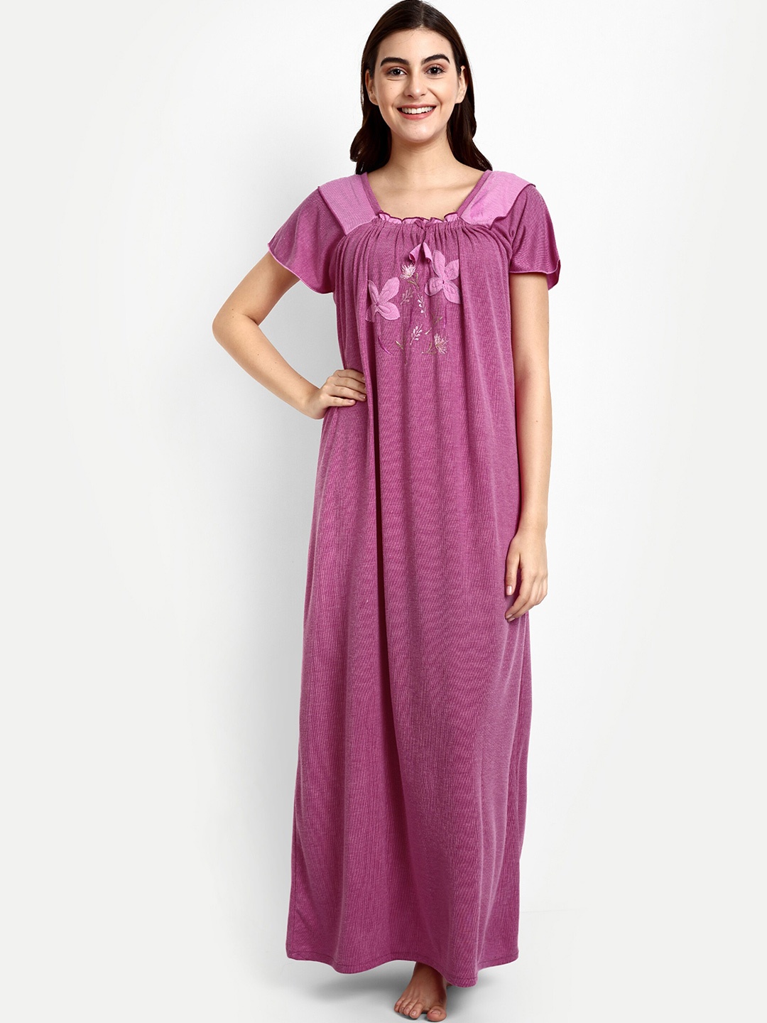 

AVYAY Floral Embroidered Maxi Nightdress, Purple