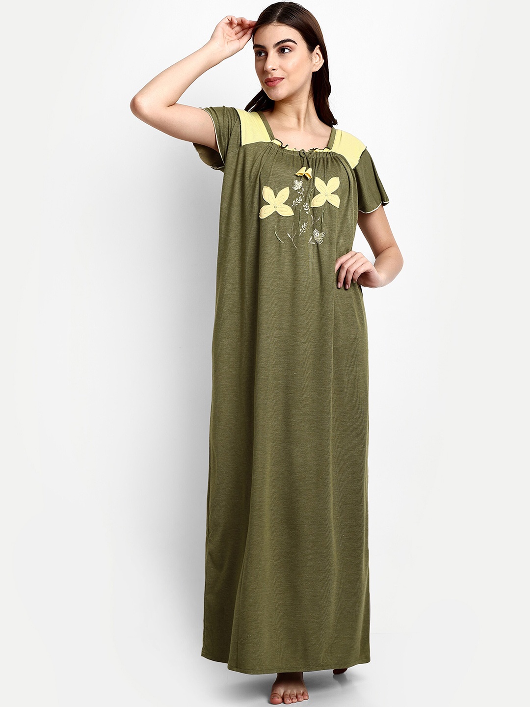 

AVYAY Floral Embroidered Maxi Nightdress, Green