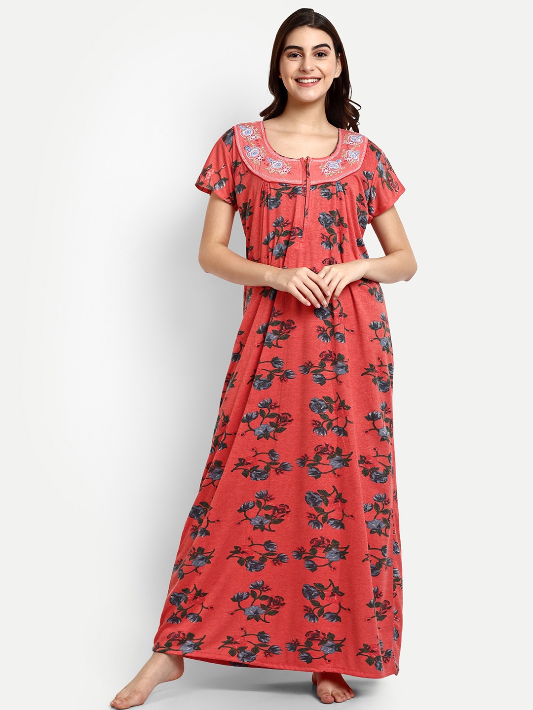 

AVYAY Floral Printed Maxi Nightdress, Orange