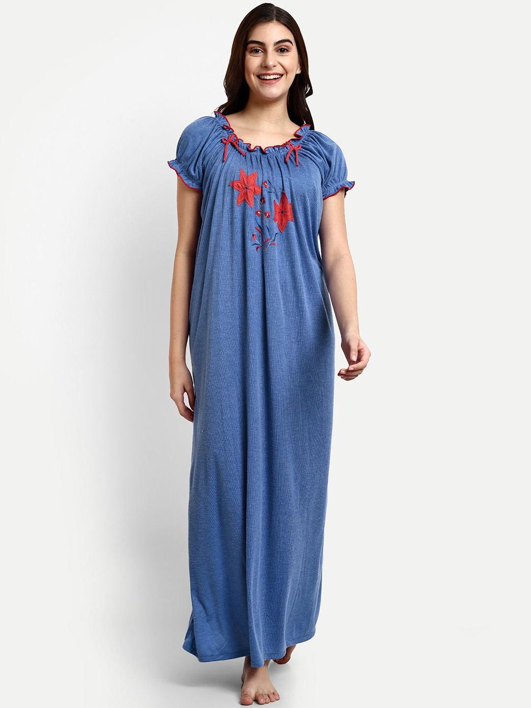 

AVYAY Floral Embroidered Maxi Nightdress, Blue
