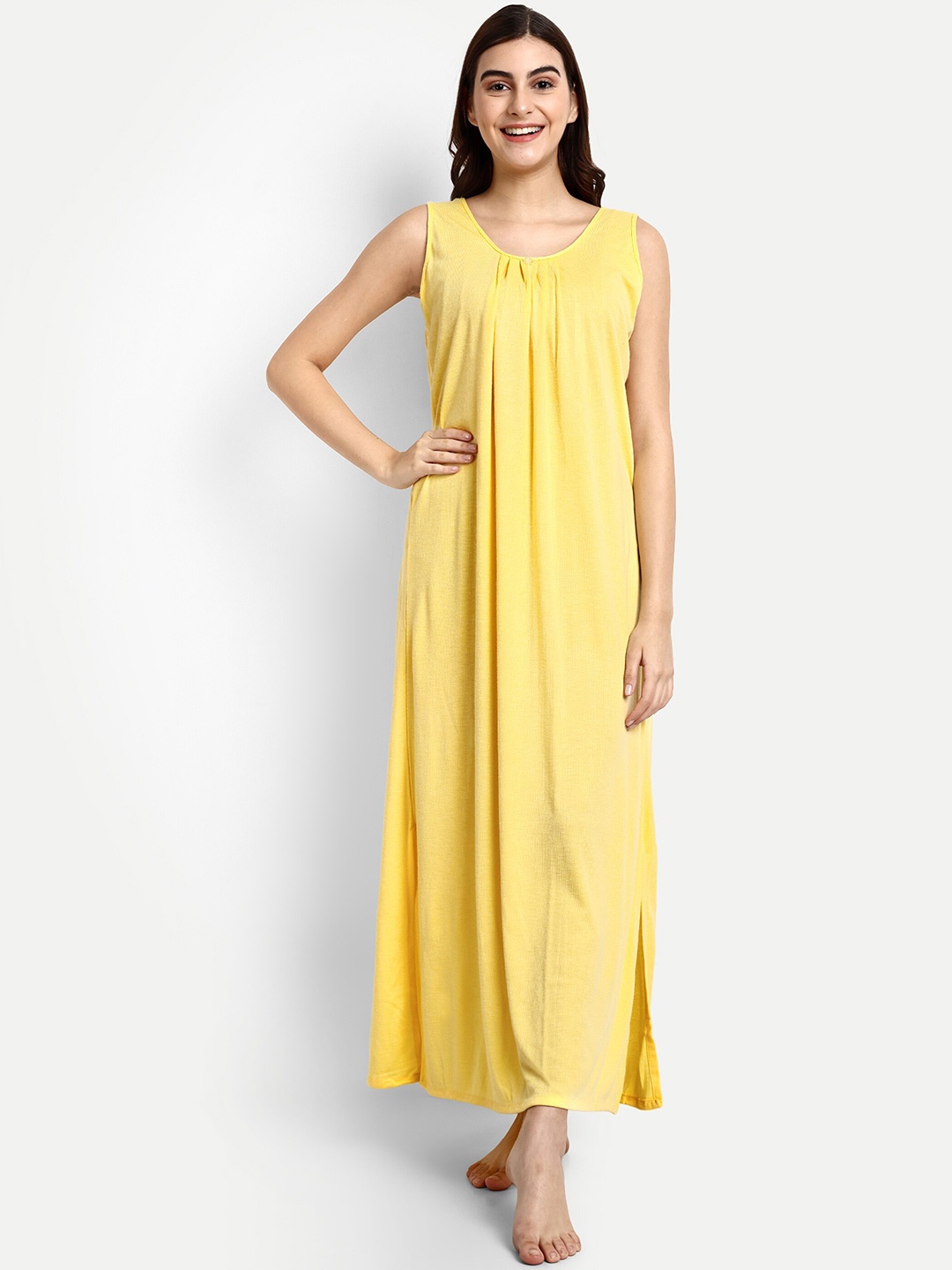 

AVYAY Round Neck Maxi Nightdress, Yellow