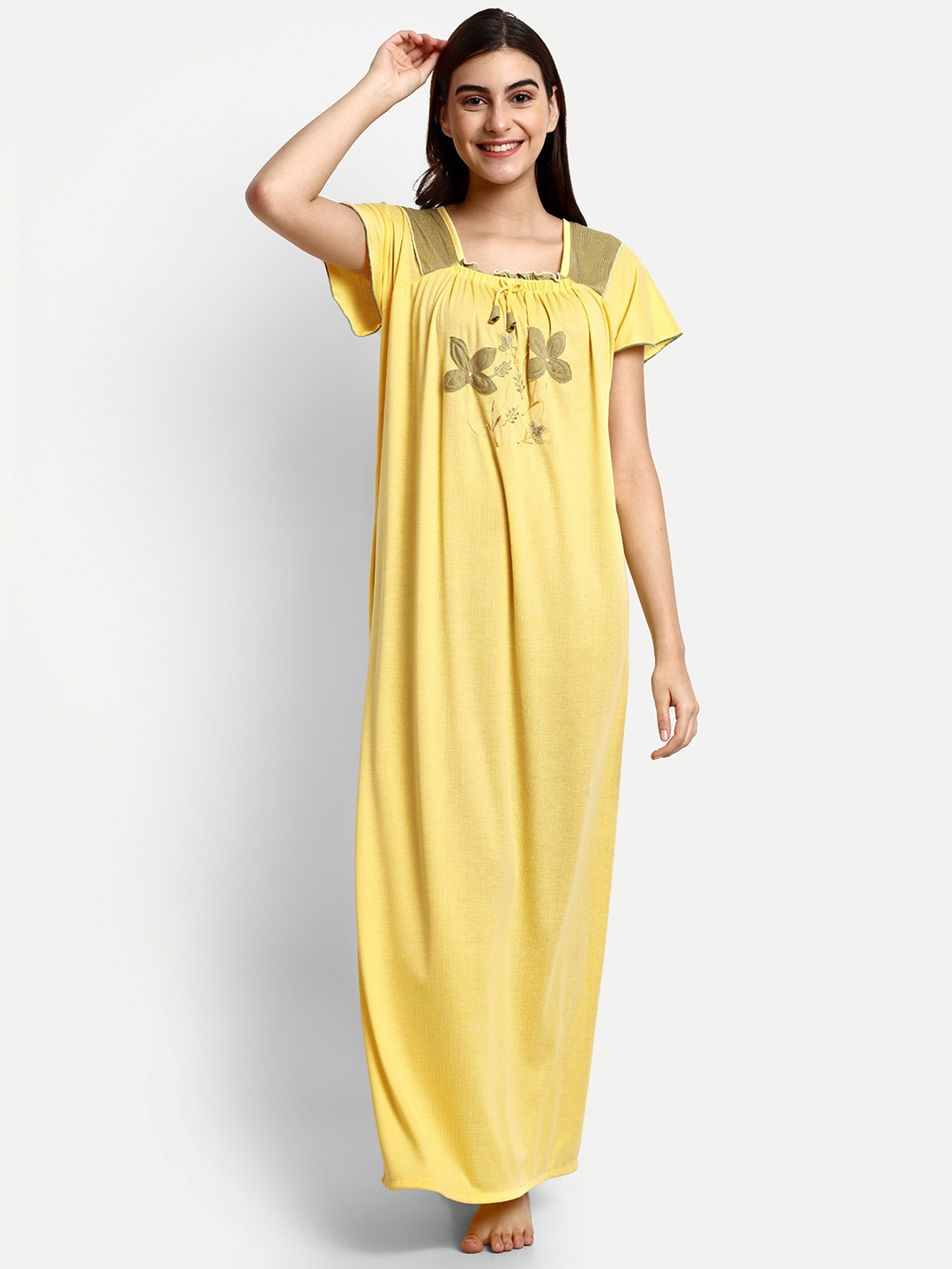 

AVYAY Floral Embroidered Maxi Nightdress, Yellow
