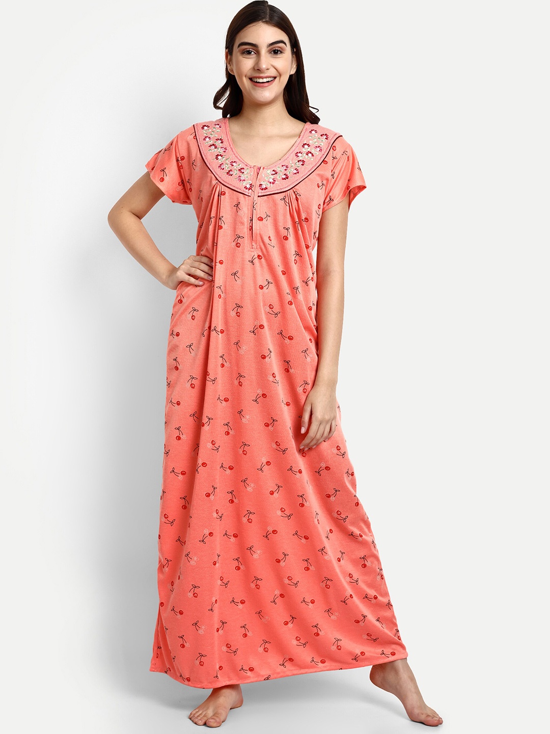 

AVYAY Floral Printed Maxi Nightdress, Orange