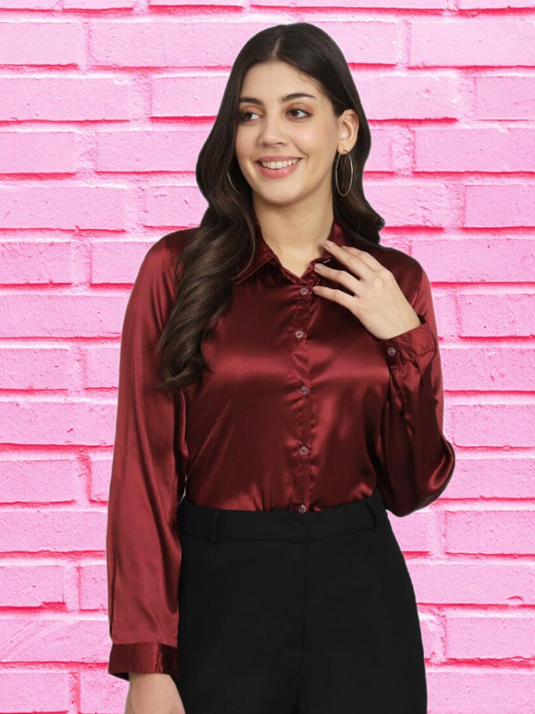 

Funday Fashion Satin Casual Shirt, Maroon