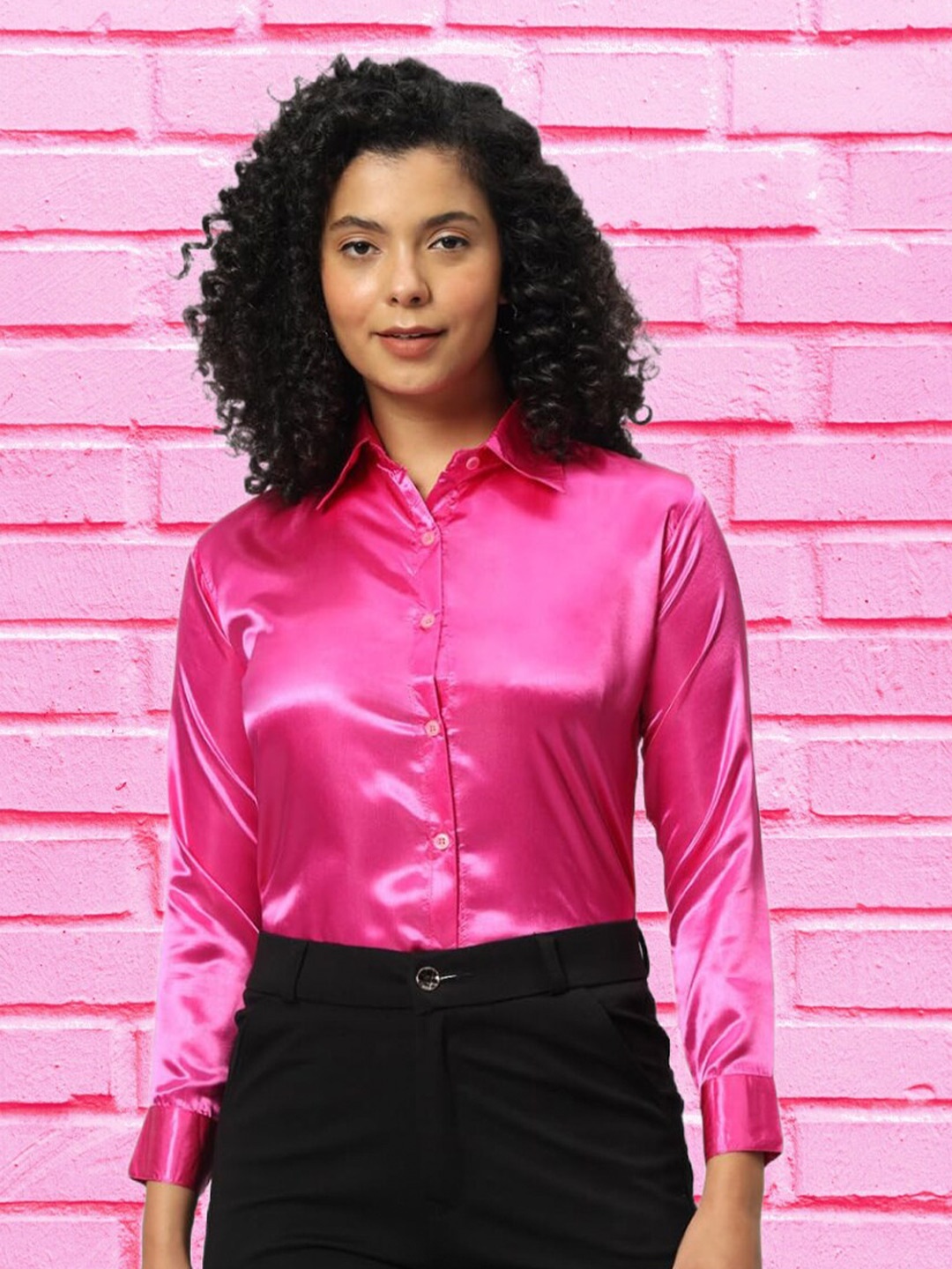 

Funday Fashion Regular Fit Spread Collar Opaque Satin Casual Shirt, Pink