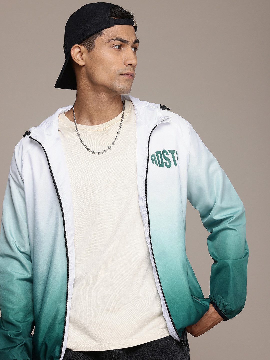 

The Roadster Life Co. Brand Logo Printed Ombre Hooded Tailored Jacket, White
