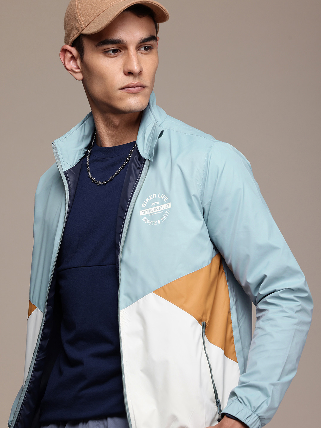 

The Roadster Life Co. Colourblocked Mock Collar Sporty Jacket, Blue