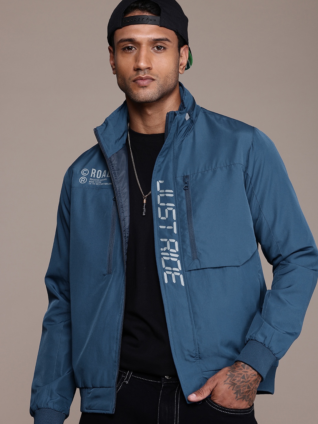 

The Roadster Life Co. Minimal Print Detailed Bomber Jacket, Blue