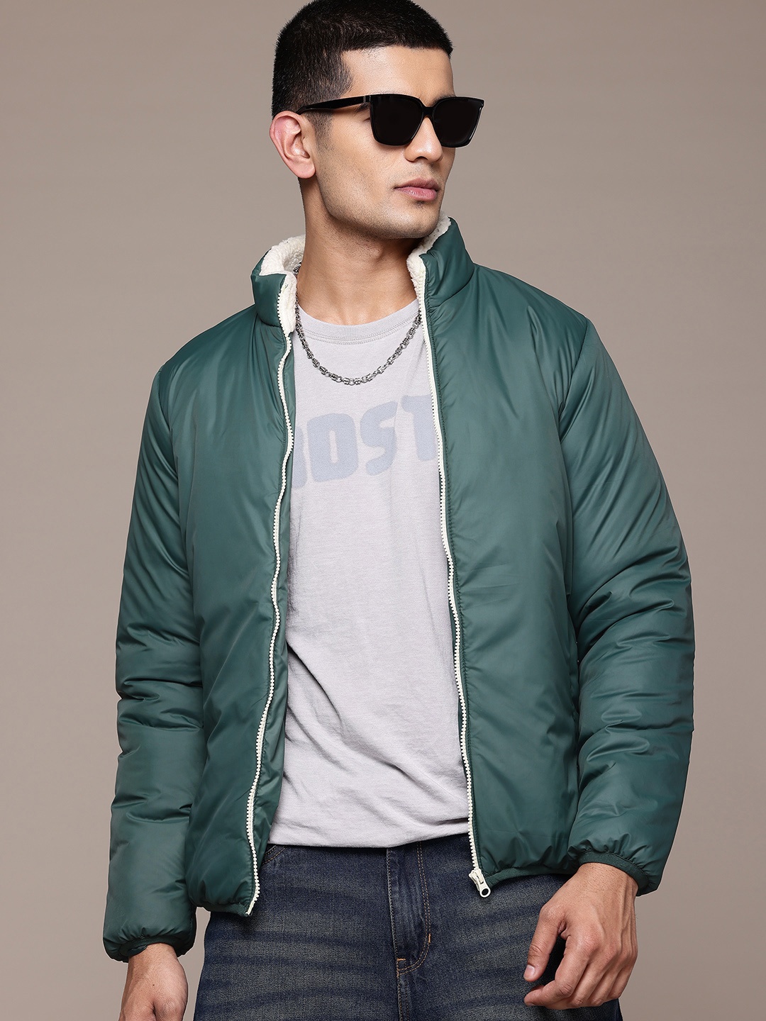 

The Roadster Lifestyle Co. Faux Fur Detail Mock Collar Tailored Jacket, Green