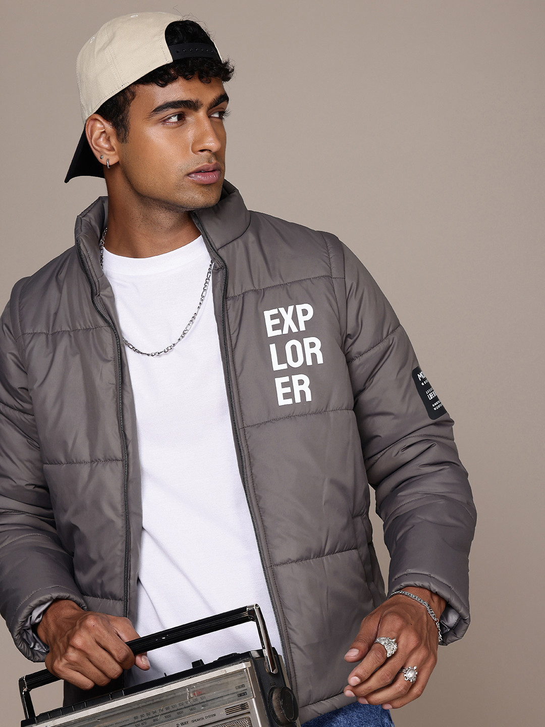 

The Roadster Life Co. Typography Printed Padded Jacket with Detachable Sleeves, Taupe