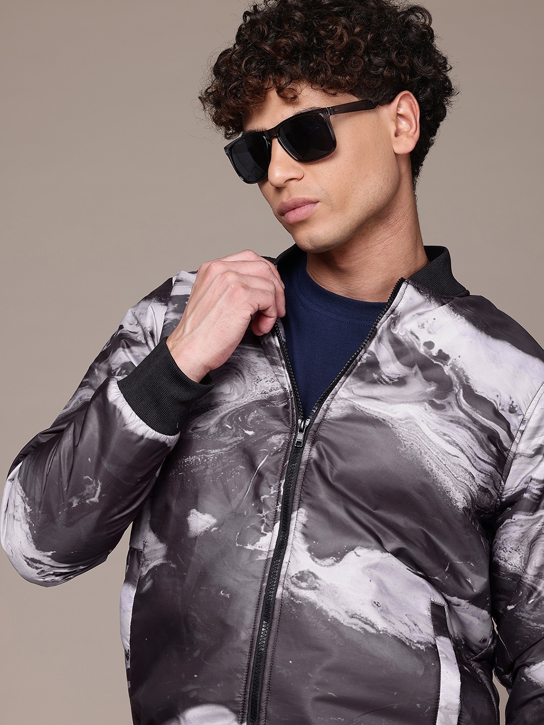 

The Roadster Lifestyle Co. Stand Collar Printed Bomber Jacket, Olive