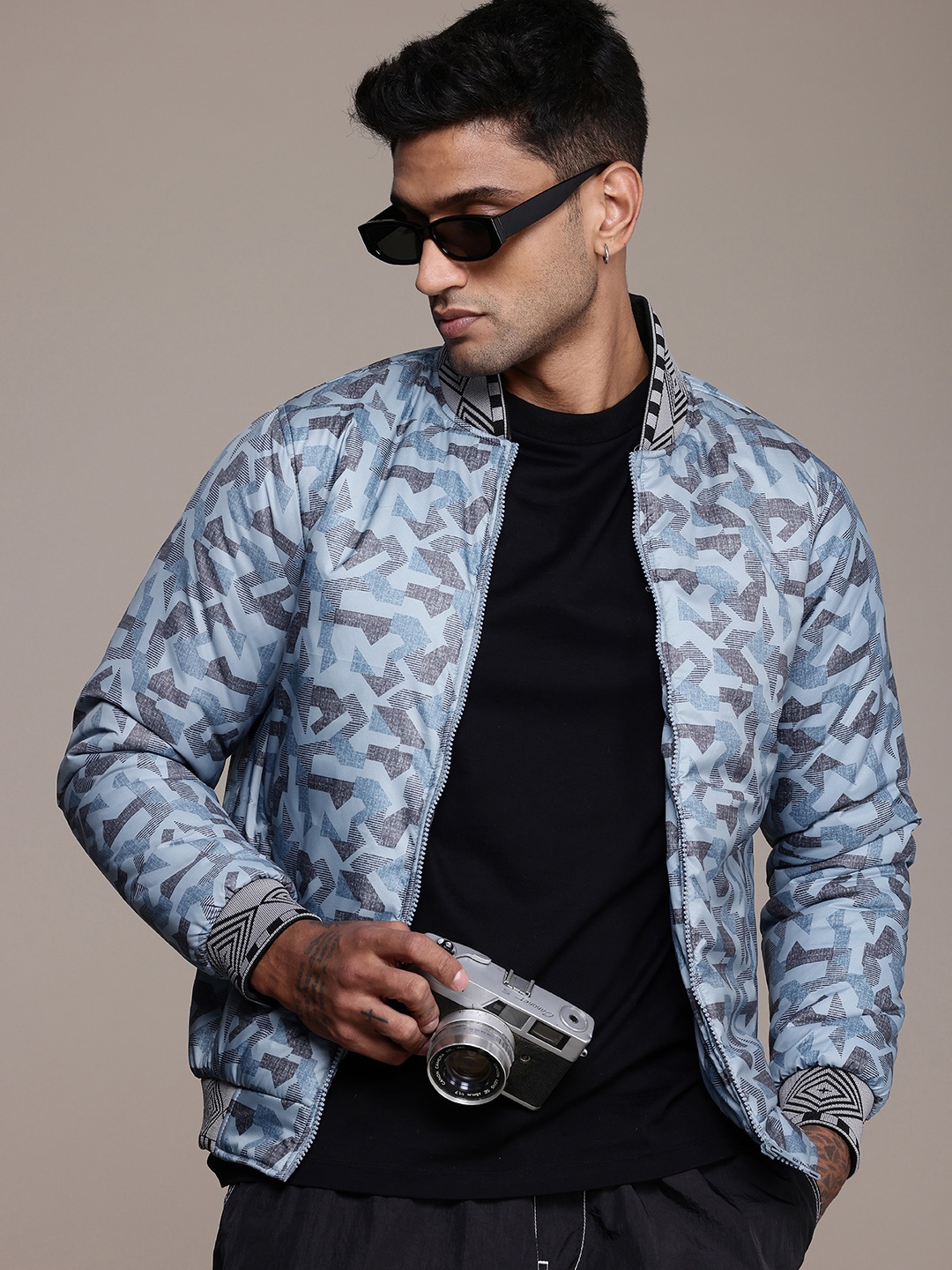 

The Roadster Life Co. Geometric Printed Mandarin Collar Bomber Jacket, Blue
