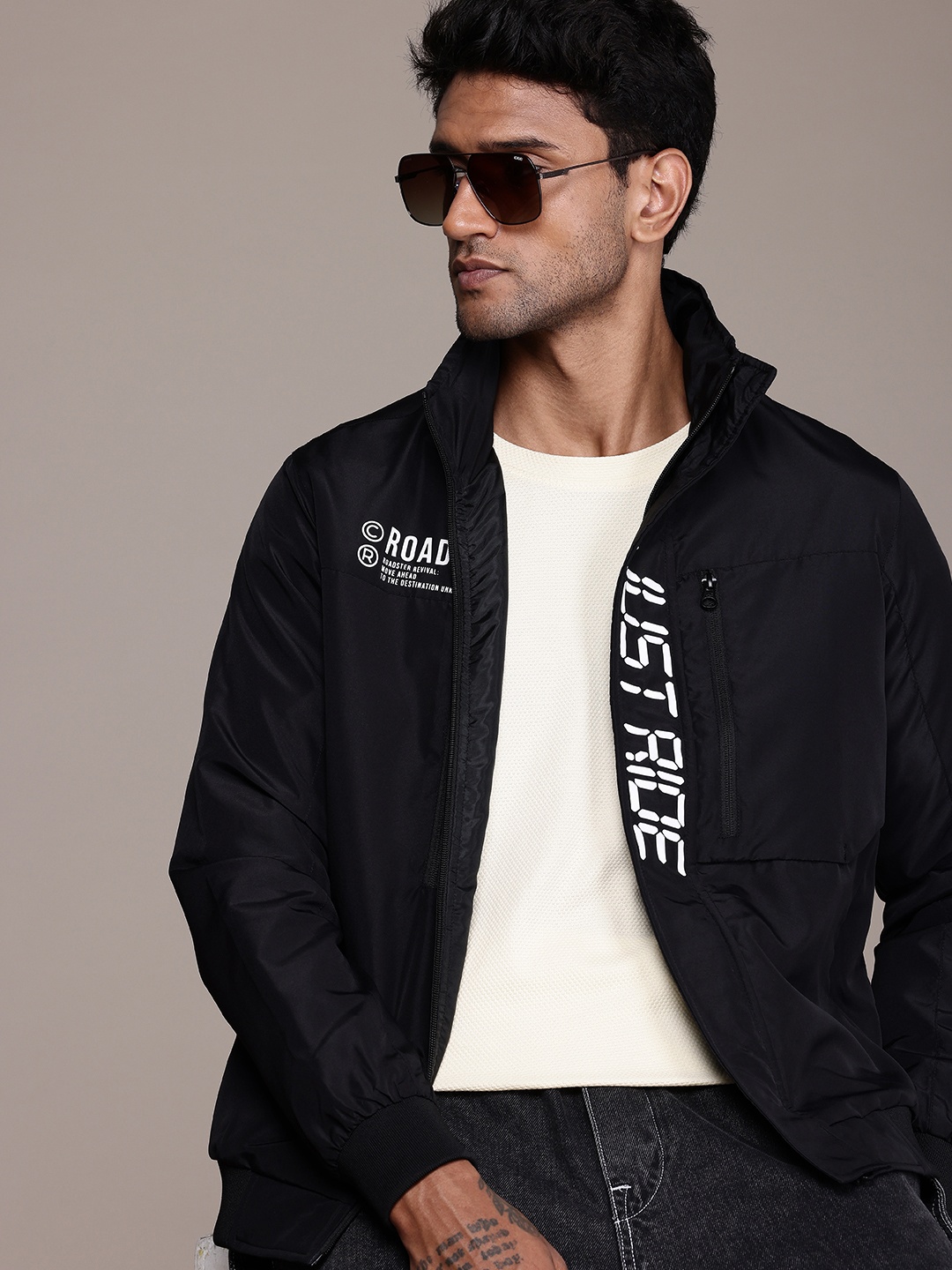 

The Roadster Life Co. Minimal Print Detailed Bomber Jacket, Black