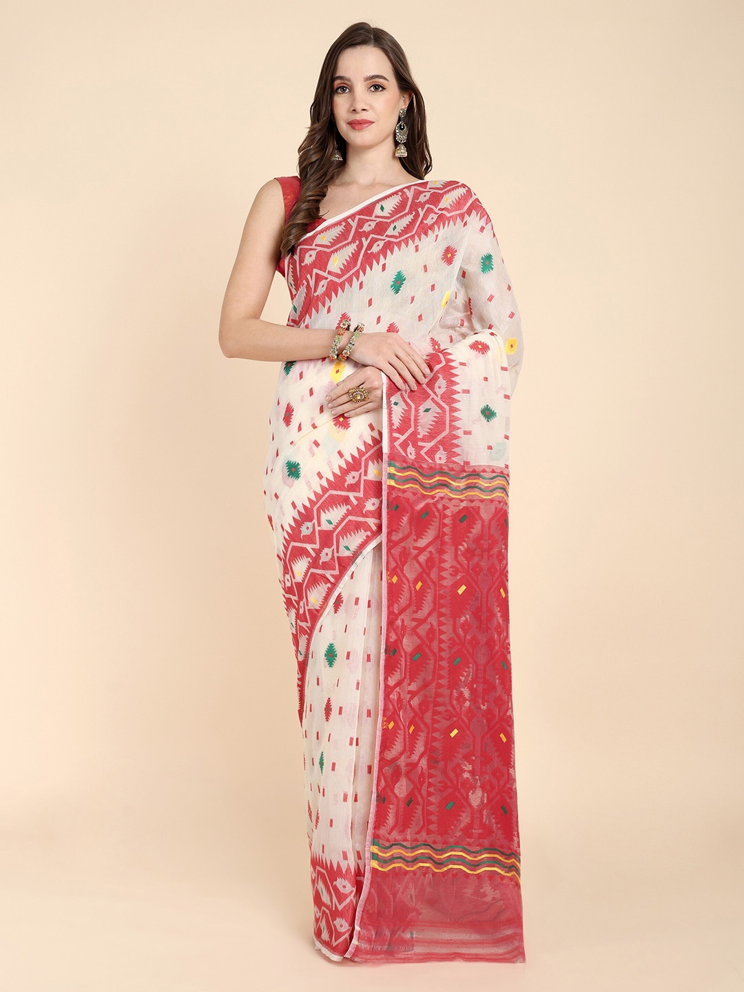 

SLAGHA Woven Design Jamdani Saree, Red