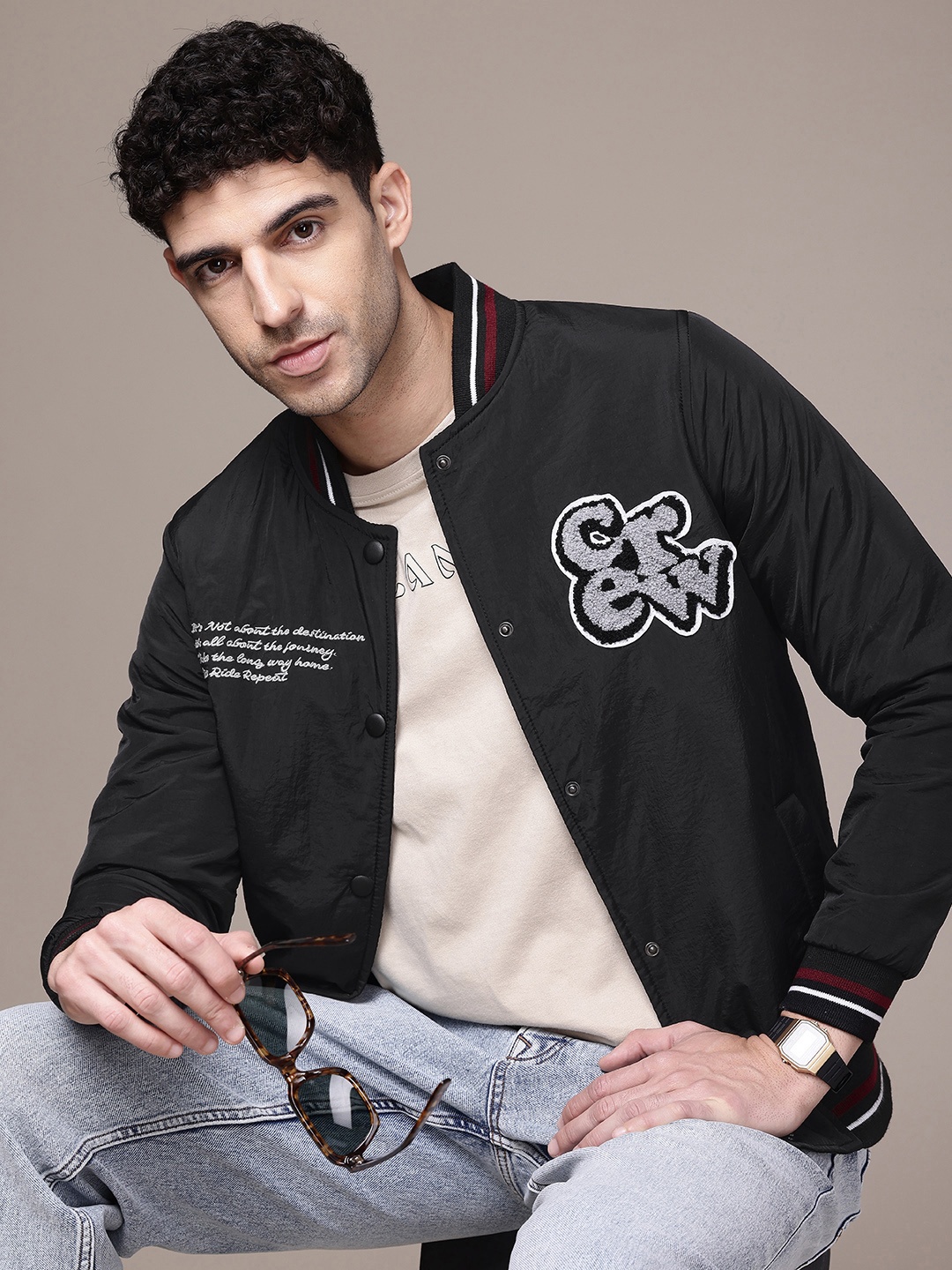 

The Roadster Life Co. Stand Collar Embroidered Detail Bomber Jacket, Black