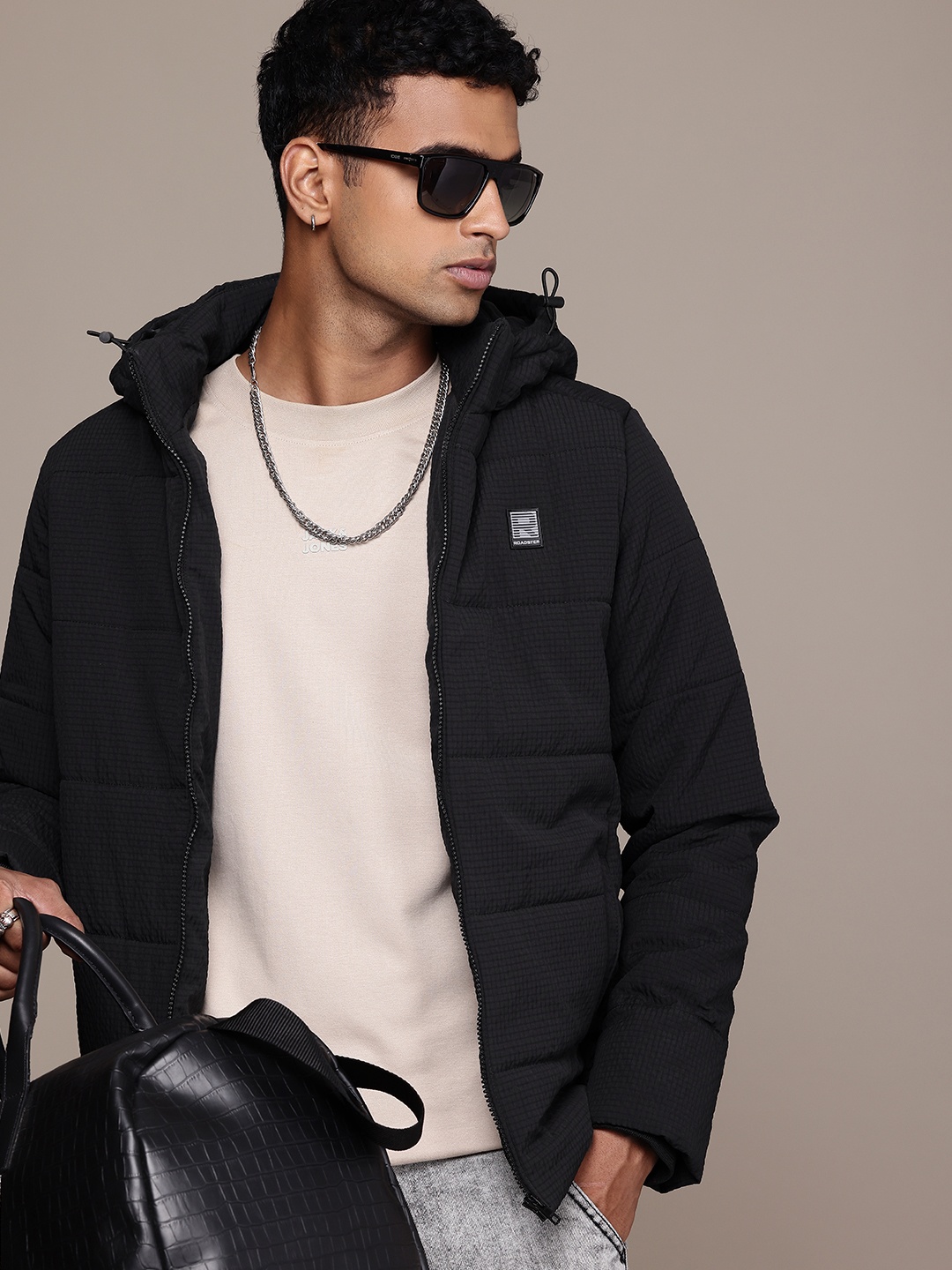 

The Roadster Life Co. Checked Hooded Padded Jacket, Black