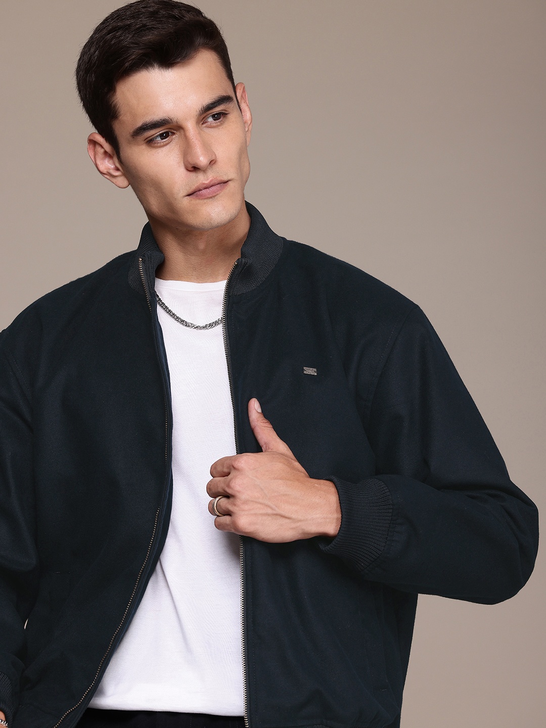 

The Roadster Life Co. Mock Collar Casual Bomber Jacket, Navy blue