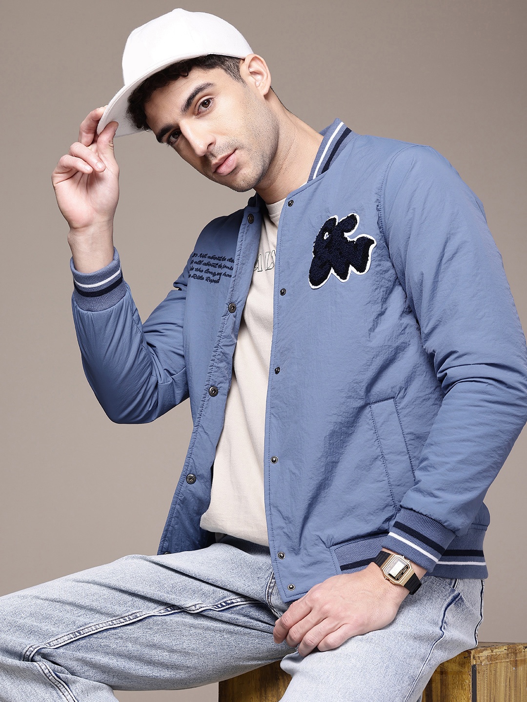 

The Roadster Life Co. Stand Collar Embroidered Detail Bomber Jacket, Blue