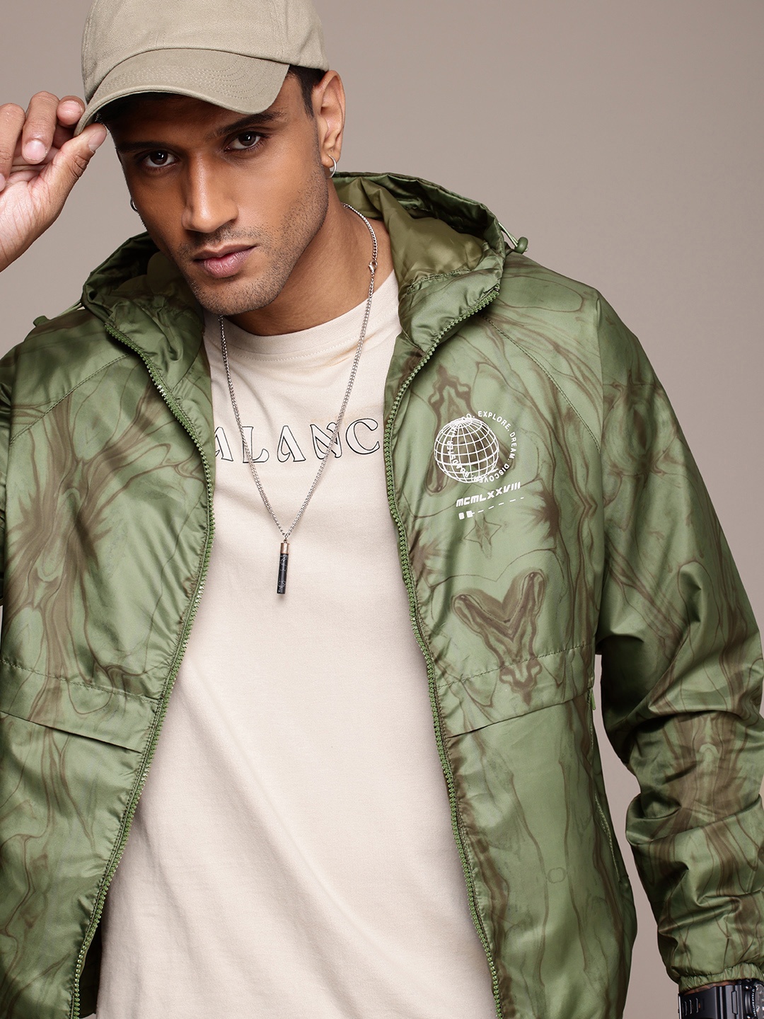 

The Roadster Life Co. Abstract Printed Hooded Biker Jacket, Green