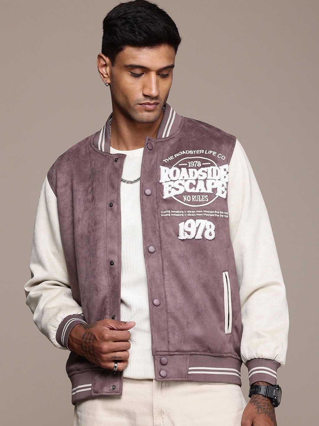 

The Roadster Life Co. Typography Self Design Velvet Finish Varsity Jacket, Purple