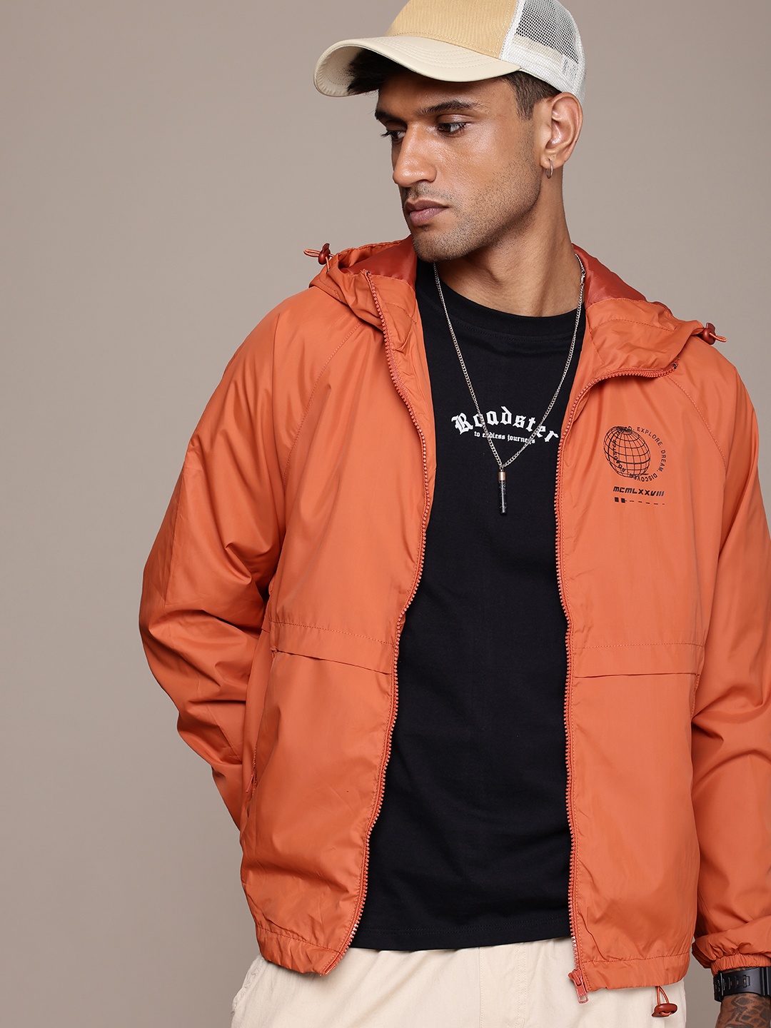 

The Roadster Life Co. Graphic Printed Hooded Biker Jacket, Orange