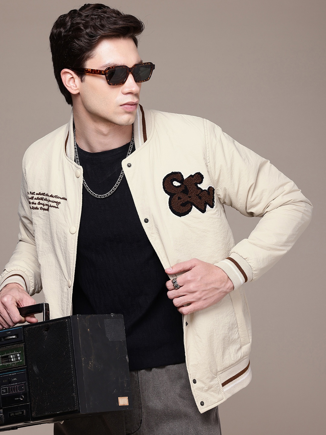 

The Roadster Life Co. Stand Collar Embroidered Detail Bomber Jacket, Cream
