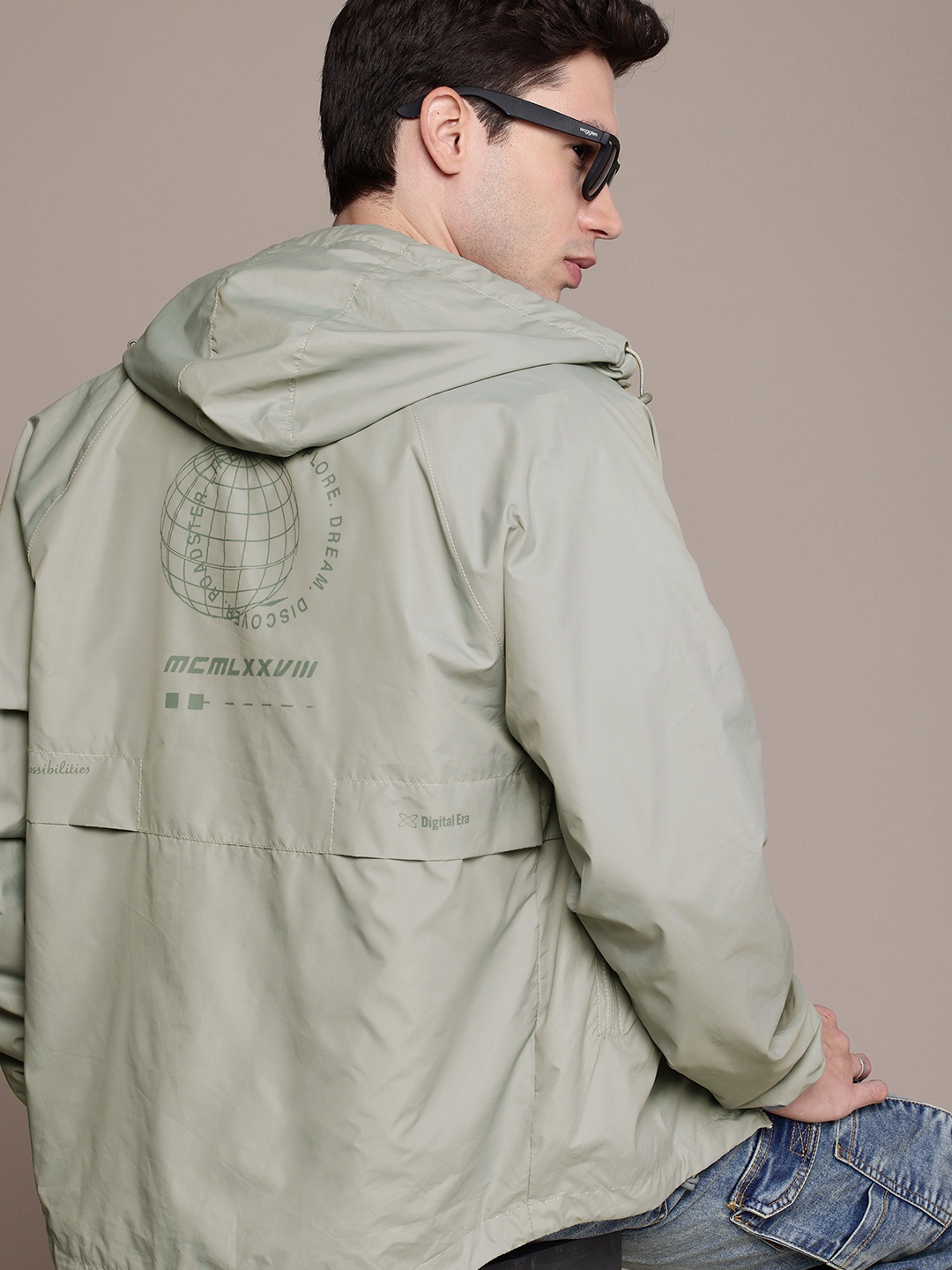 

The Roadster Life Co. Graphic Printed Hooded Sporty Jacket, Sea green