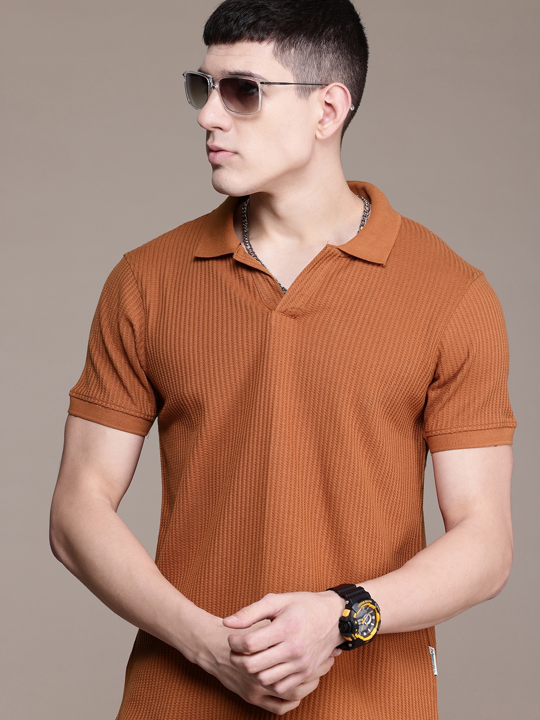 

The Roadster Lifestyle Co. Textured Knit Polo Collar T-shirt, Rust