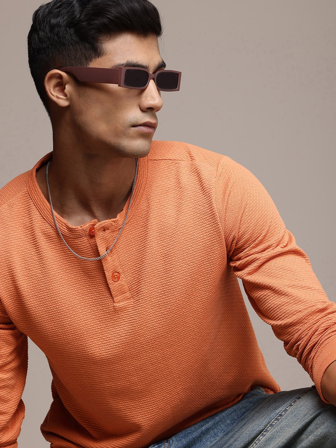 

The Roadster Life Co. Henley Neck Self-Design Casual T-shirt, Rust