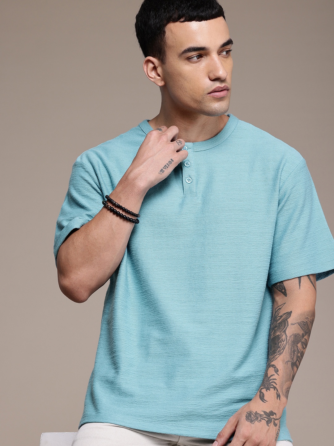 

The Roadster Life Co. Self Design Henley Neck Drop-Shoulder Sleeves Relaxed Fit T-shirt, Blue