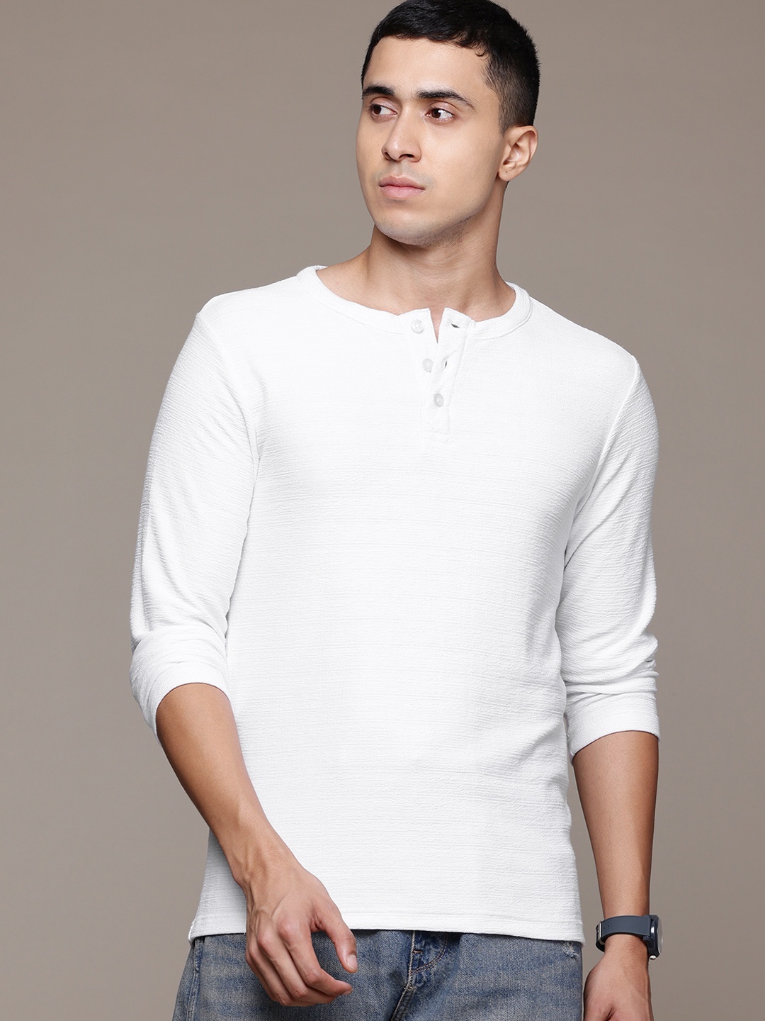 

The Roadster Lifestyle Co. Men Textured Henley Neck T-shirt, White