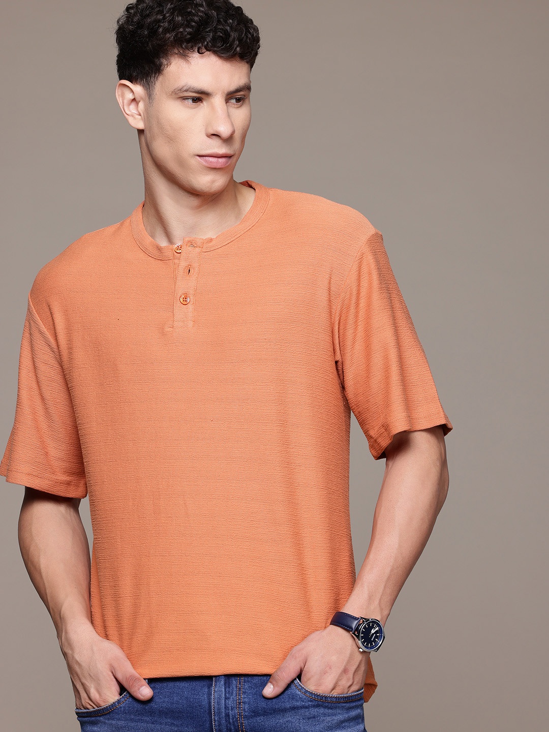 

The Roadster Lifestyle Co. Men Henley Neck Relaxed Fit T-shirt, Orange