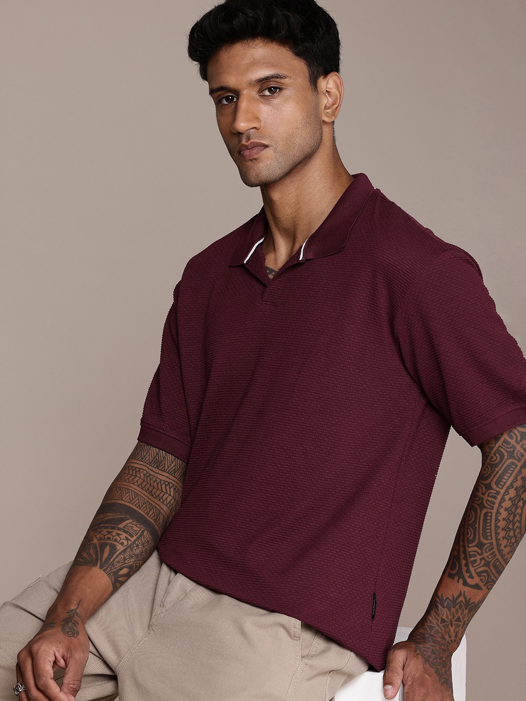 

The Roadster Life Co. S4elf Designed Polo Collar Drop-Shoulder Sleeves Relaxed Fit T-shirt, Burgundy