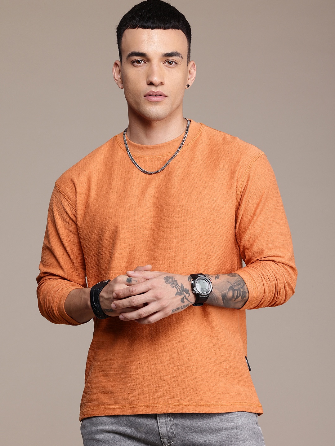 

The Roadster Life Co. Self Design Long Drop-Shoulder Sleeves Casual T-shirt, Orange