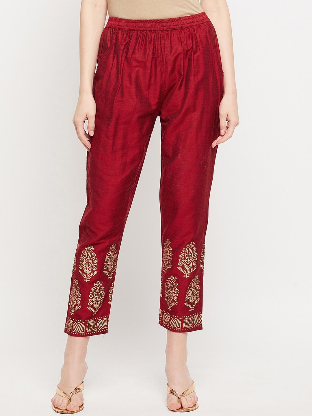 

Clora Creation Smart Women Printed Ethnic Motifs Cotton Silk Cropped Cigarette Trousers, Maroon