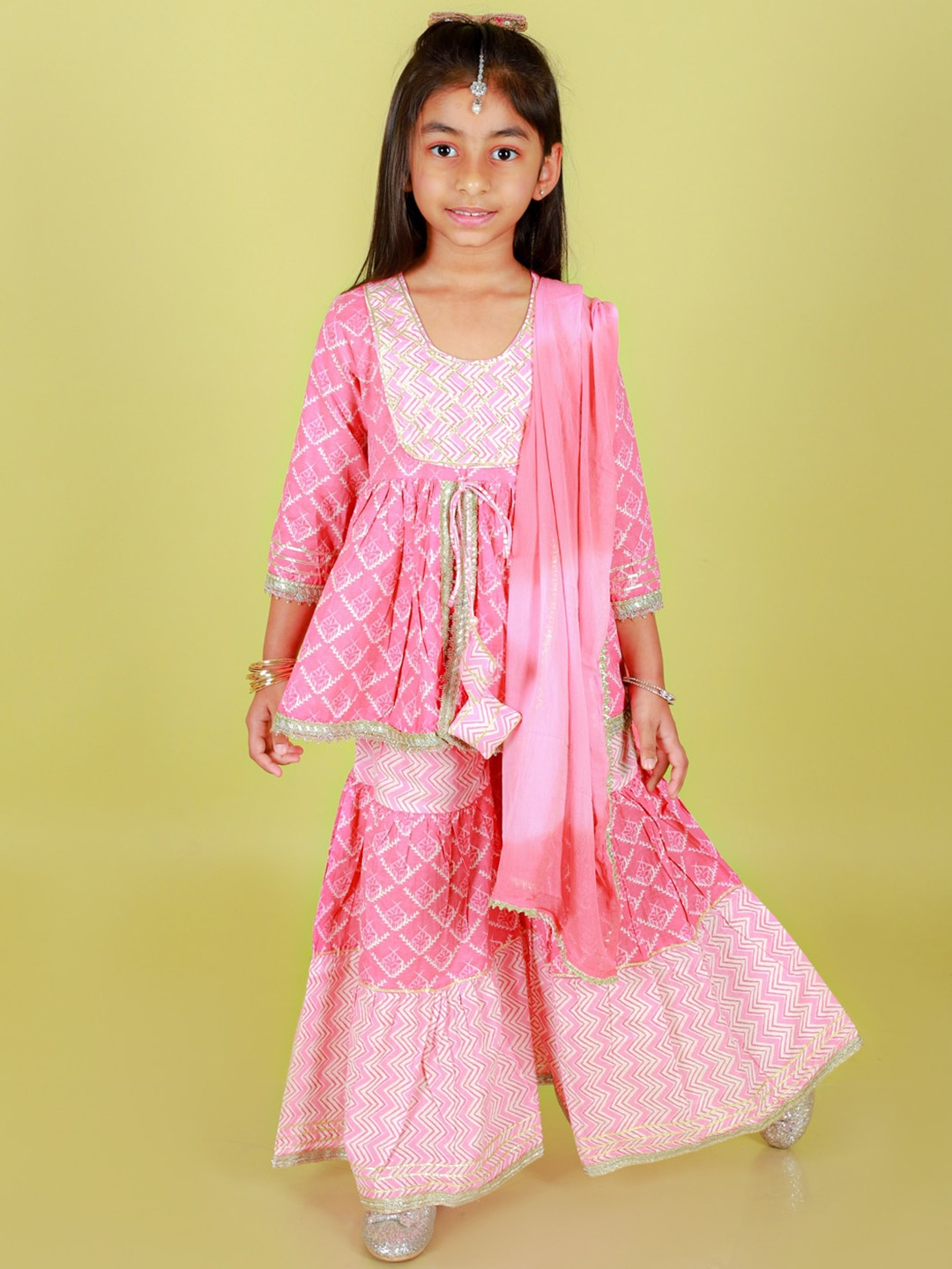 

Stuffie Land Girls Ethnic Motifs Printed Pure Cotton Kurti with Sharara & Dupatta, Pink