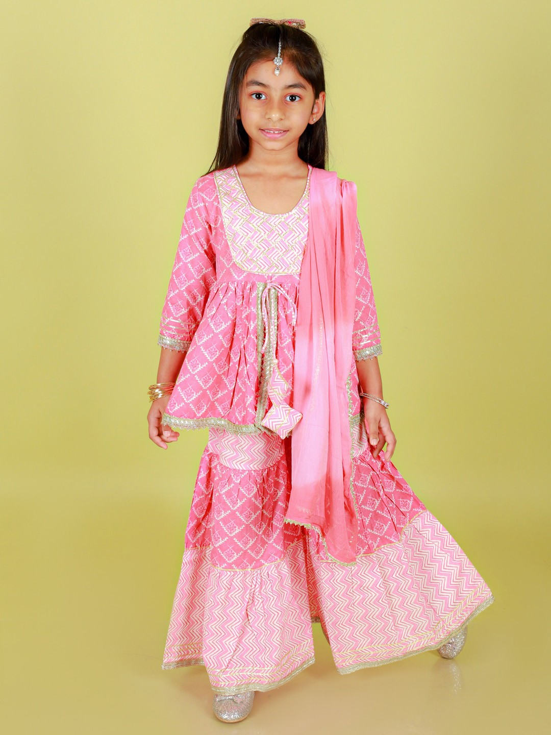 

Stuffie Land Girls Ethnic Motifs Empire Gotta Patti Cotton Kurti with Sharara & Dupatta, Pink